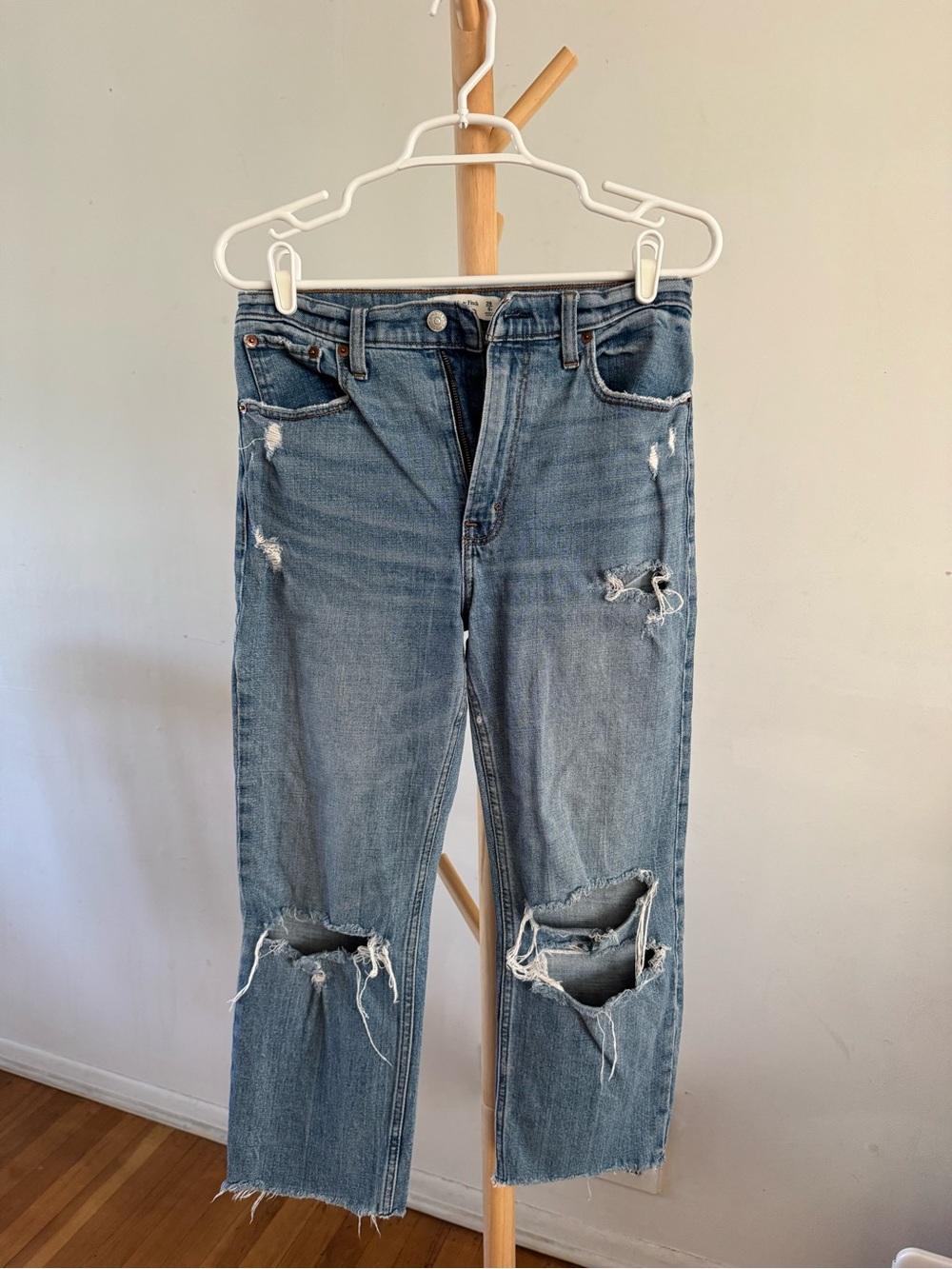 Abercrombie Distressed Blue Ripped Ultra High Rise Straight-Leg Jeans